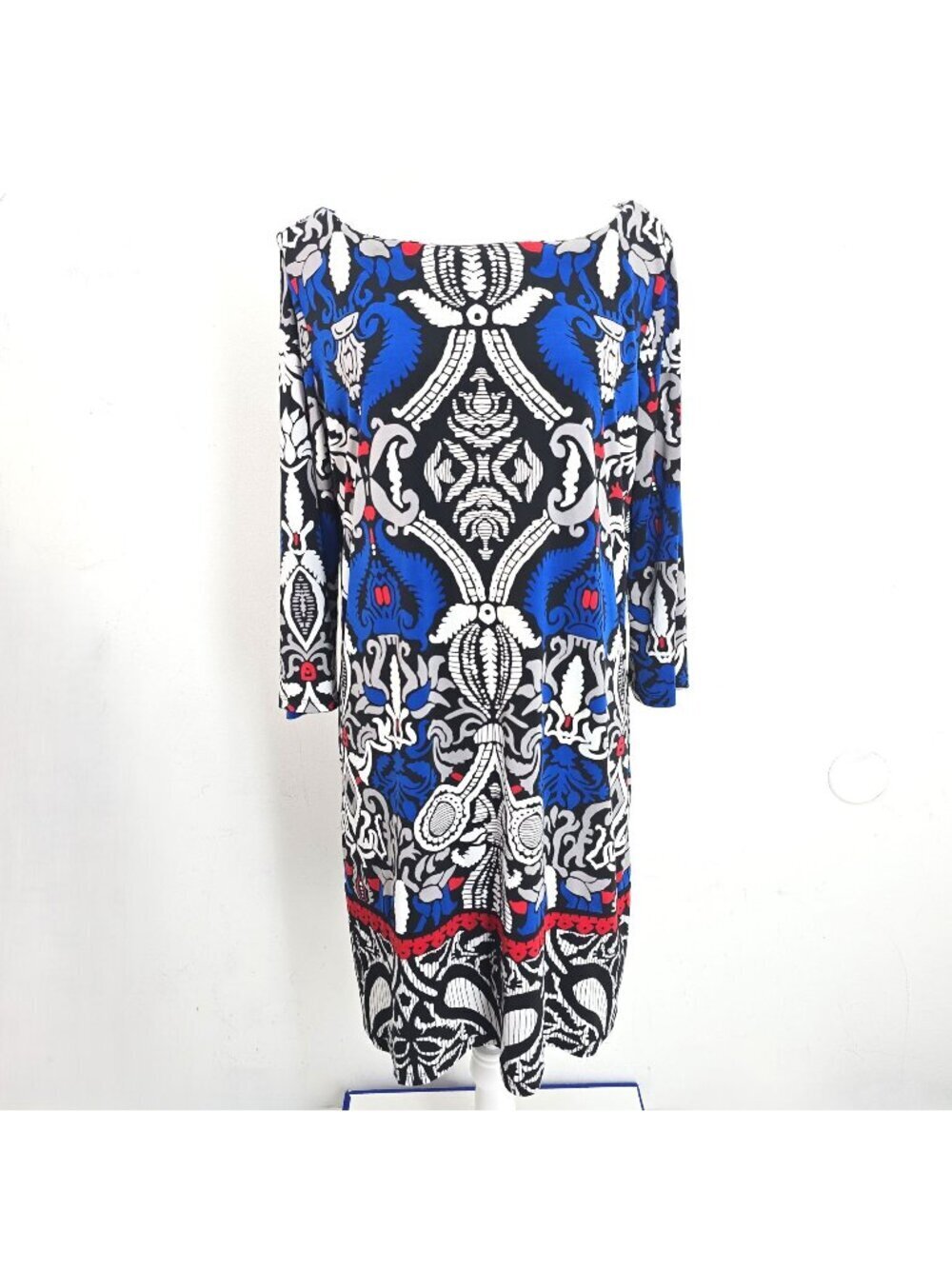 Nicole by NIcole Miller Blue Black White Paisley Slinkky Boatneck Dress Women L